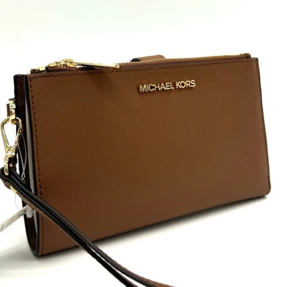 Michael Kors Large Double Zip Wallet Wristlet Luggage Brown - Picture 1 of 9